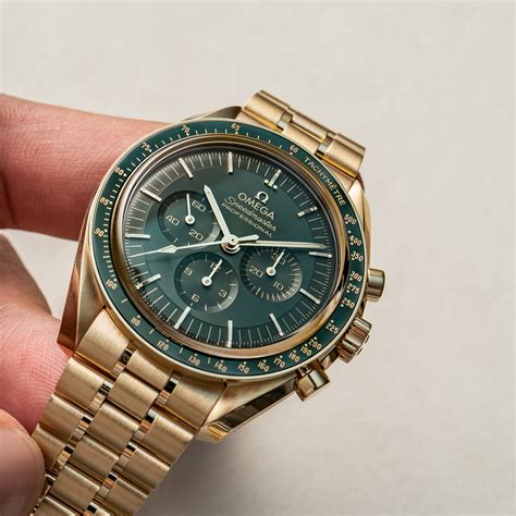 gold omega speedmaster green dial|omega speedmaster moonshine gold.